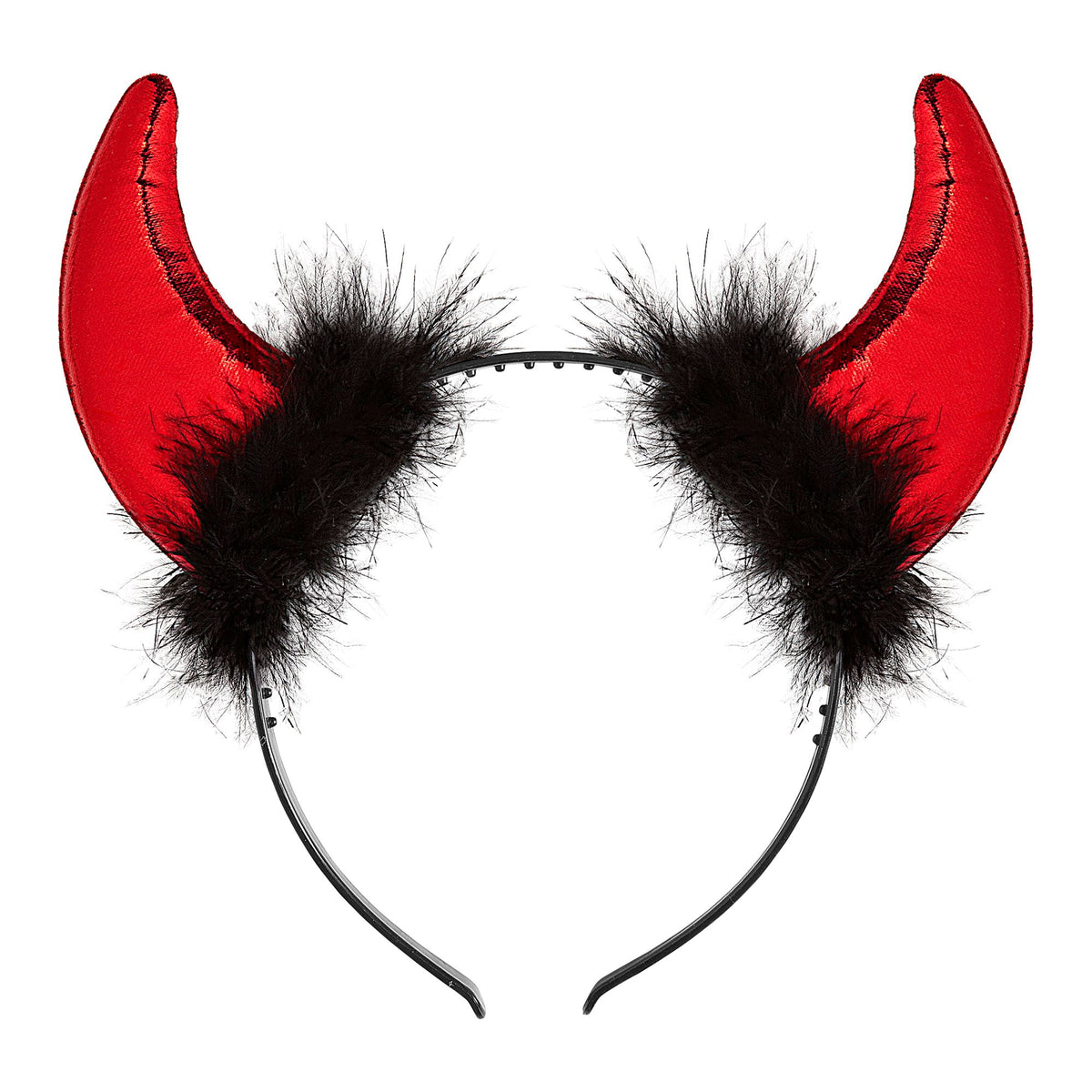 "METALLIC-ROTE HÖRNER MIT VERZIERUNG AUS MARABOU UND LAMETTA-FÄDEN"