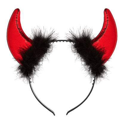 "METALLIC-ROTE HÖRNER MIT VERZIERUNG AUS MARABOU UND LAMETTA-FÄDEN"