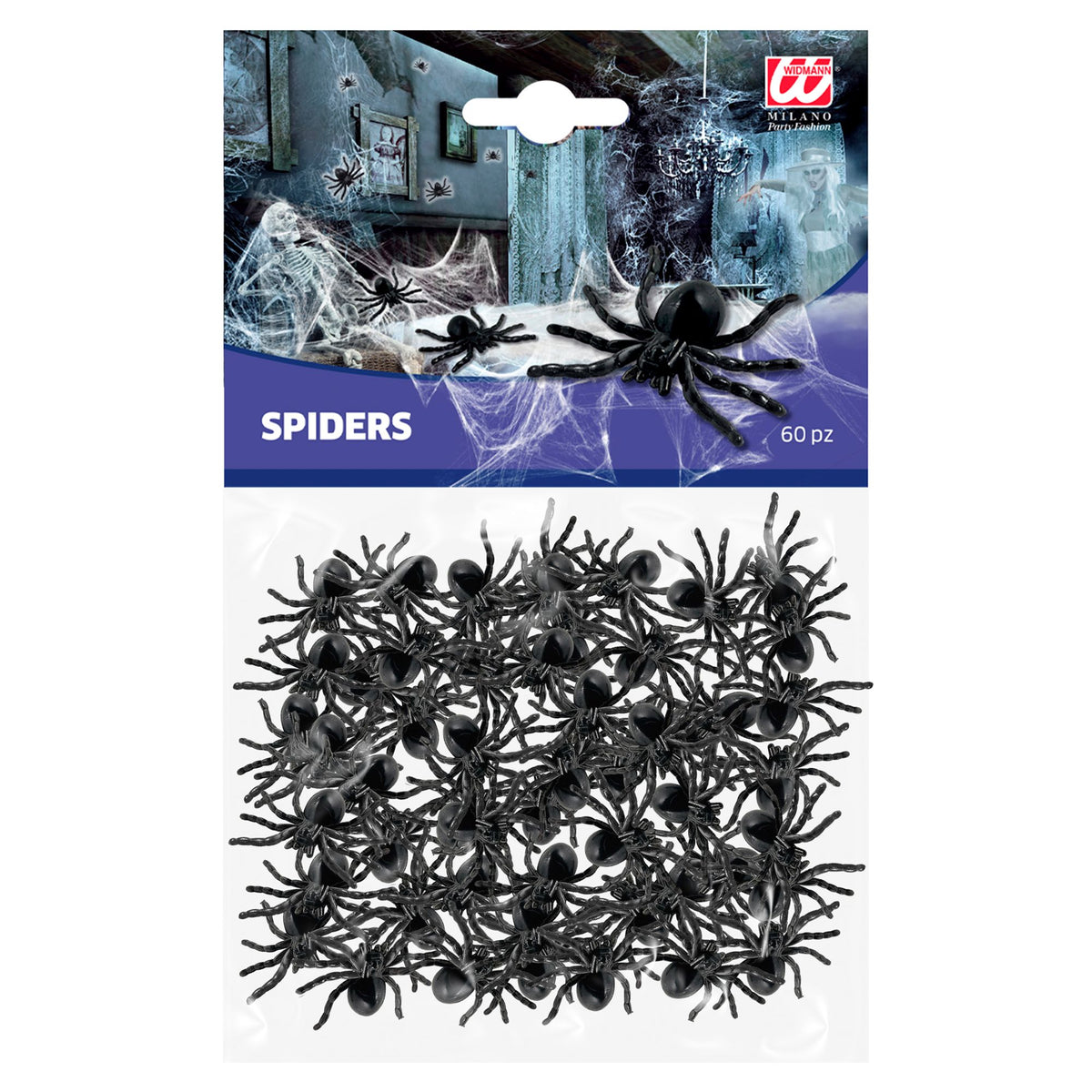 Widmann Set mit 60 schwarzen Spinnen für Halloween-Deko – Produktansicht