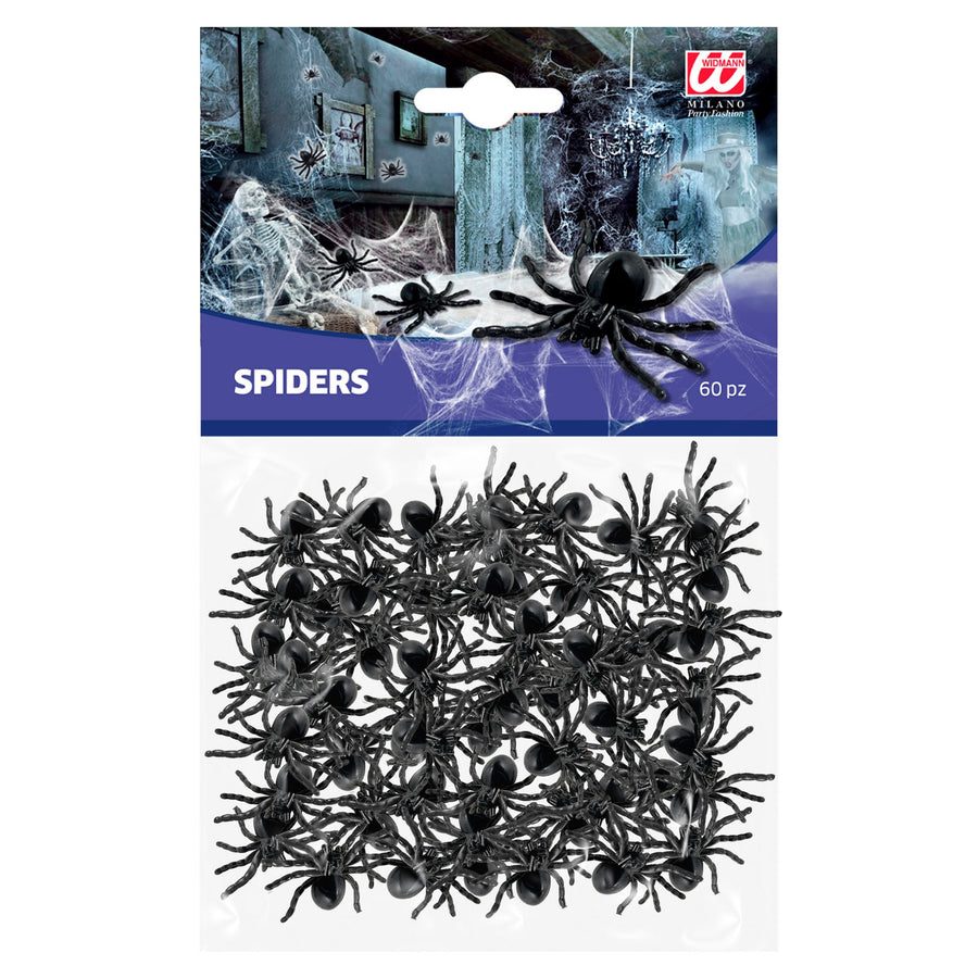 Widmann Set mit 60 schwarzen Spinnen für Halloween-Deko – Produktansicht