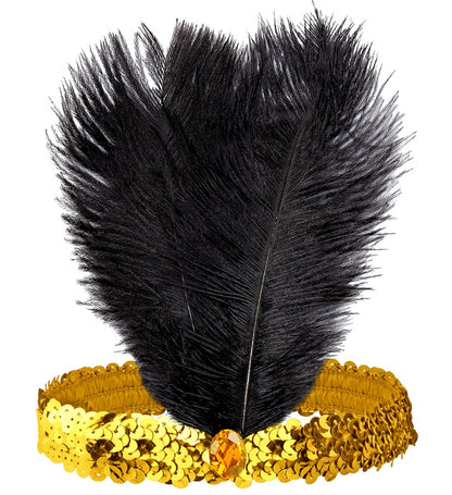 "STIRNBAND THE ROARING 20s AUS PAILLETTEN MIT 2 FEDERN & GOLDENEM EDELSTEIN"