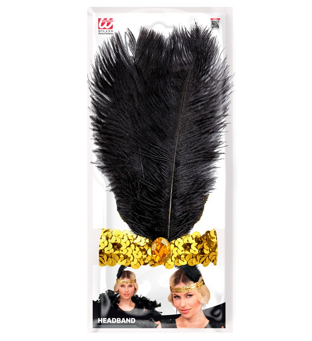 "STIRNBAND THE ROARING 20s AUS PAILLETTEN MIT 2 FEDERN & GOLDENEM EDELSTEIN"