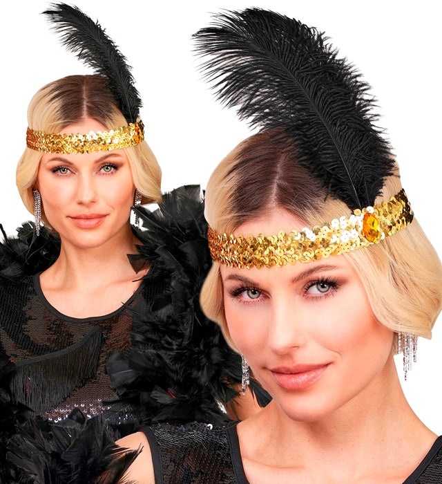 "STIRNBAND THE ROARING 20s AUS PAILLETTEN MIT 2 FEDERN & GOLDENEM EDELSTEIN"
