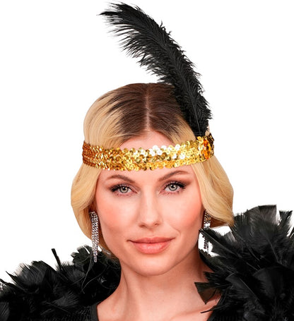 "STIRNBAND THE ROARING 20s AUS PAILLETTEN MIT 2 FEDERN & GOLDENEM EDELSTEIN"