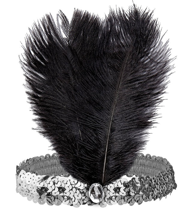 "STIRNBAND THE ROARING 20s AUS PAILLETTEN MIT 2 FEDERN & SILBERNEM EDELSTEIN"