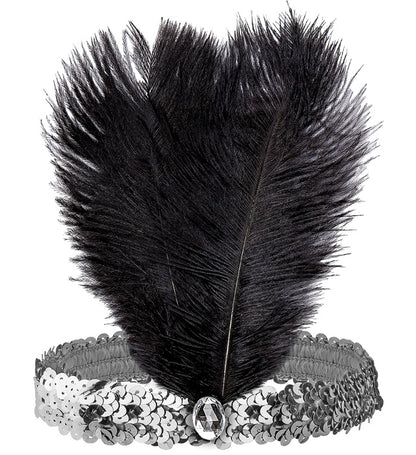 "STIRNBAND THE ROARING 20s AUS PAILLETTEN MIT 2 FEDERN & SILBERNEM EDELSTEIN"