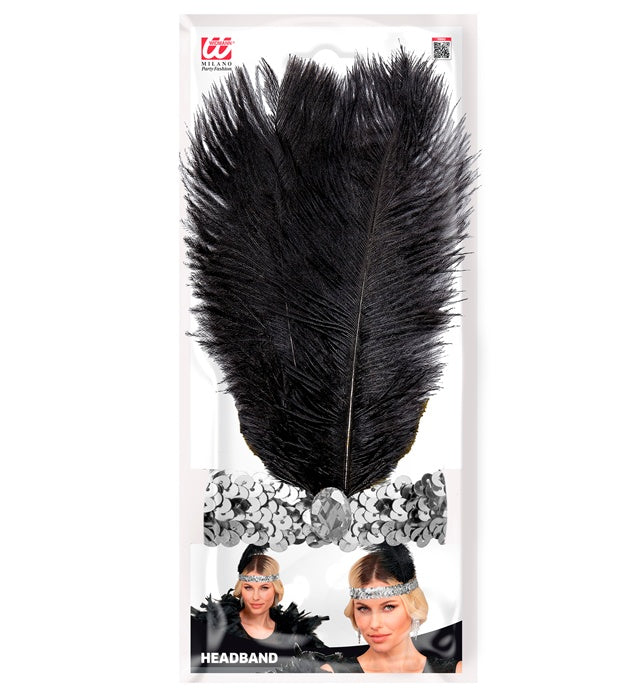 "STIRNBAND THE ROARING 20s AUS PAILLETTEN MIT 2 FEDERN & SILBERNEM EDELSTEIN"