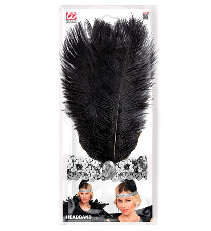 "STIRNBAND THE ROARING 20s AUS PAILLETTEN MIT 2 FEDERN & SILBERNEM EDELSTEIN"