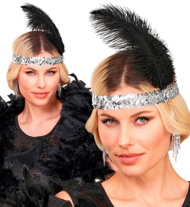 "STIRNBAND THE ROARING 20s AUS PAILLETTEN MIT 2 FEDERN & SILBERNEM EDELSTEIN"