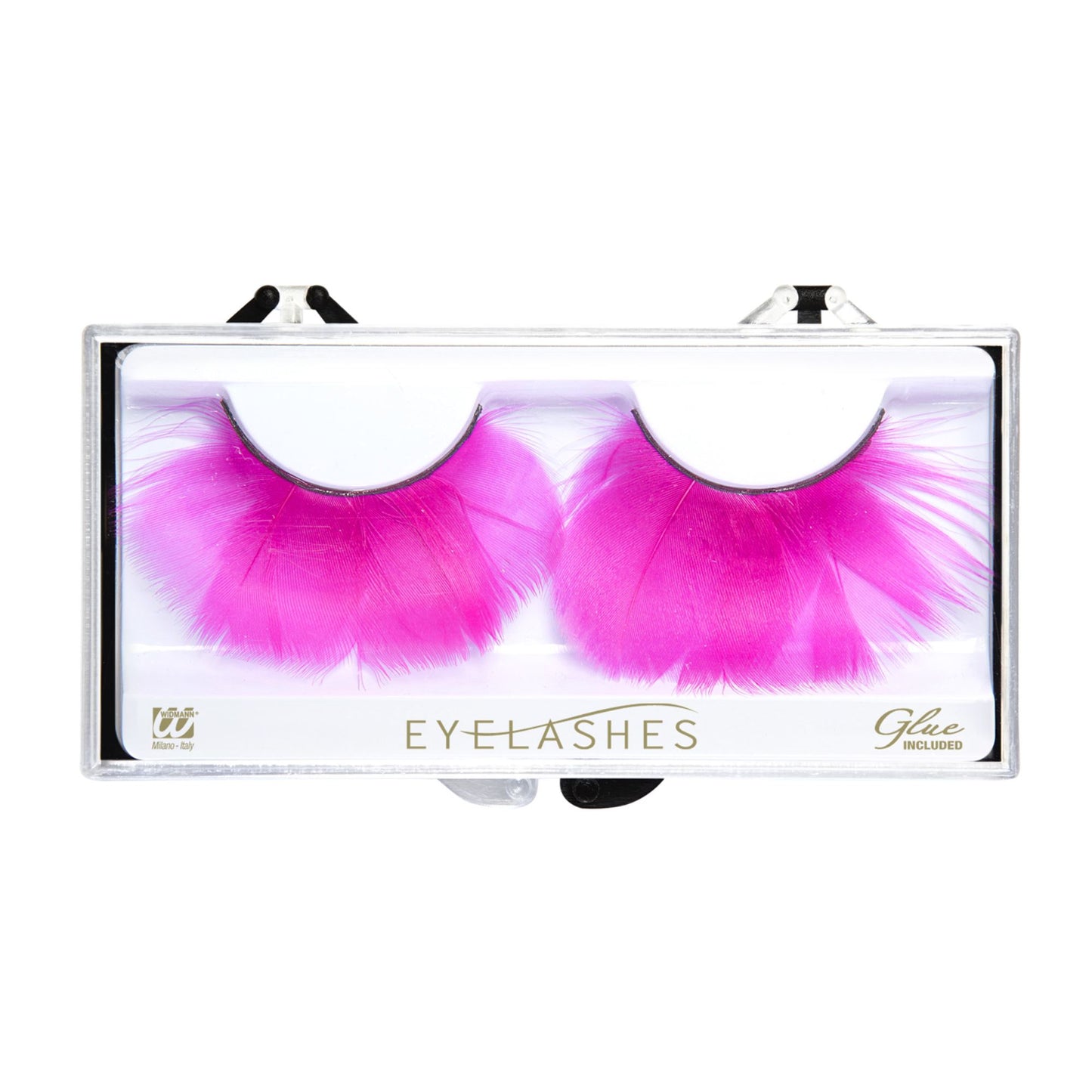 "WIMPERN AUS PINKEN FEDERN" in Box mit Klebstoff in Glassflasche