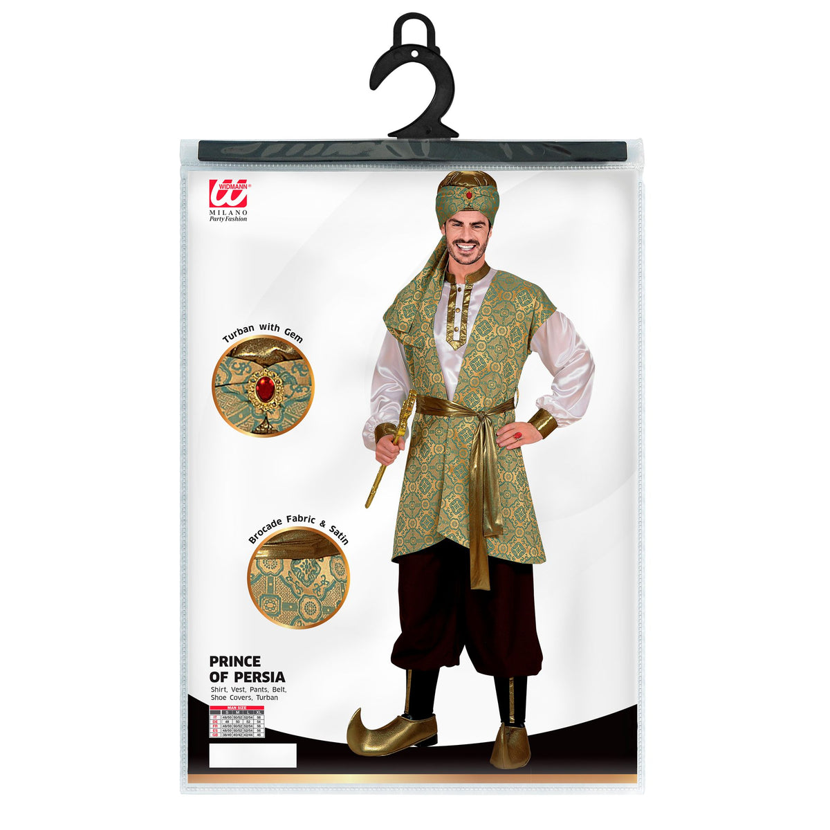 Widmann Prince of Persia Kostüm für Herren mit Hemd, Brokatweste, Hose, Gürtel, Schuhüberziehern und Turban – Detailansicht