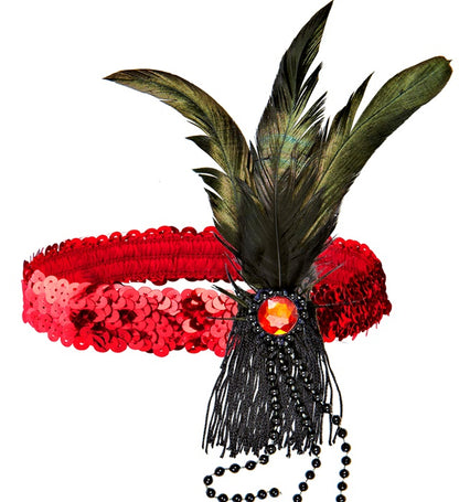 "ROTES STIRNBAND MIT PAILLETTEN, FEDERN UND PERLEN"