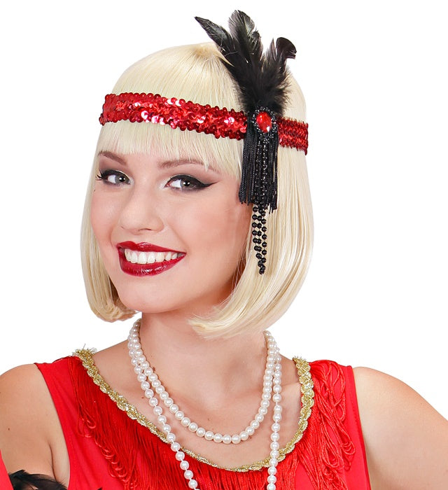 "ROTES STIRNBAND MIT PAILLETTEN, FEDERN UND PERLEN"