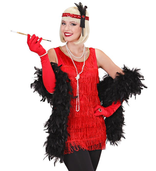 "ROTES STIRNBAND MIT PAILLETTEN, FEDERN UND PERLEN"