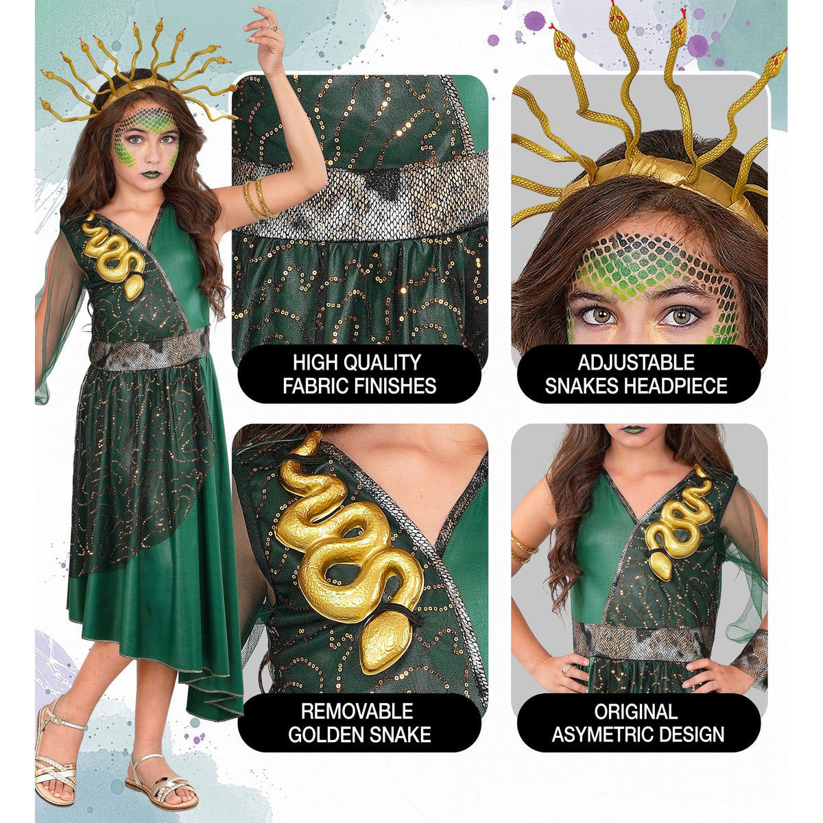 Widmann Medusa Kinderkostüm mit grünem Kleid und Haarreif – Rückansicht