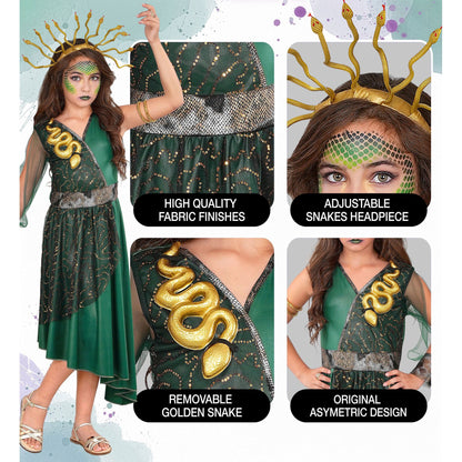 Widmann Medusa Kinderkostüm mit grünem Kleid und Haarreif – Rückansicht