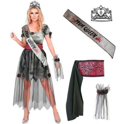 "ZOMBIE SCHÖNHEITSKÖNIGIN" (Kleid, Gürtel, Schärpe, Tiara, Handgelek Corsage)