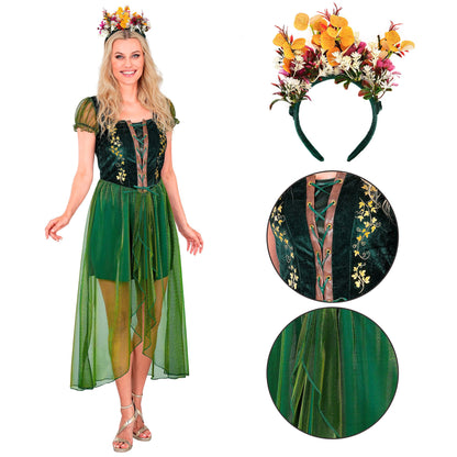 Königin der Wälder Kostüm von Widmann mit grünem Kleid und Haarreif – Detailansicht