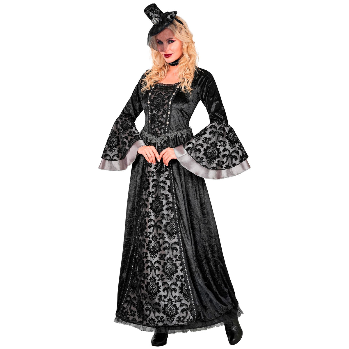 "DUNKLE GRÄFIN" (Kleid mit Unterrock & Reifrock, Halsband, Minihut mit Schleier)
