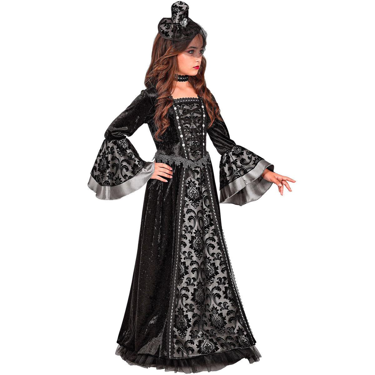 "DUNKLE GRÄFIN" (Kleid mit Unterrock & Reifrock, Halsband, Minihut mit Schleier)