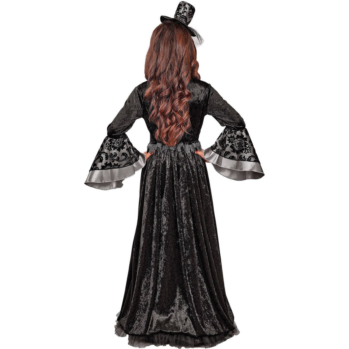 "DUNKLE GRÄFIN" (Kleid mit Unterrock & Reifrock, Halsband, Minihut mit Schleier)