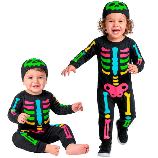 Bunter Skelett-Overall mit passender Kopfbedeckung für Fasnacht & Mottoparty