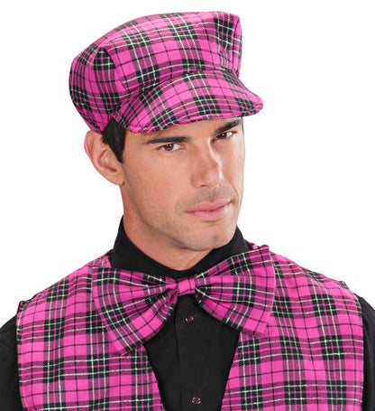 Widmann Tartanmütze mit Fliege in Pink – Detailansicht