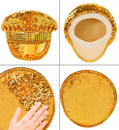 "FESTIVAL KAPPE GOLDENE PAILLETTEN MIT NIETEN UND GLITZERSTEINEN"