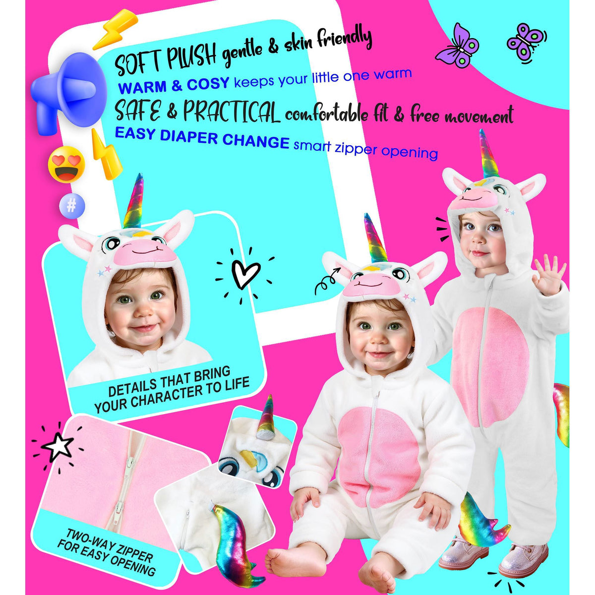Widmann weisser Einhorn-Plüschkapuzenoverall für Kinder – Rückansicht