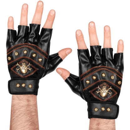 "FINGERLOSE HANDSCHUHE MIT NIETEN UND AUFDRUCK SKELETT + GEKREUZTEN KNOCHEN"