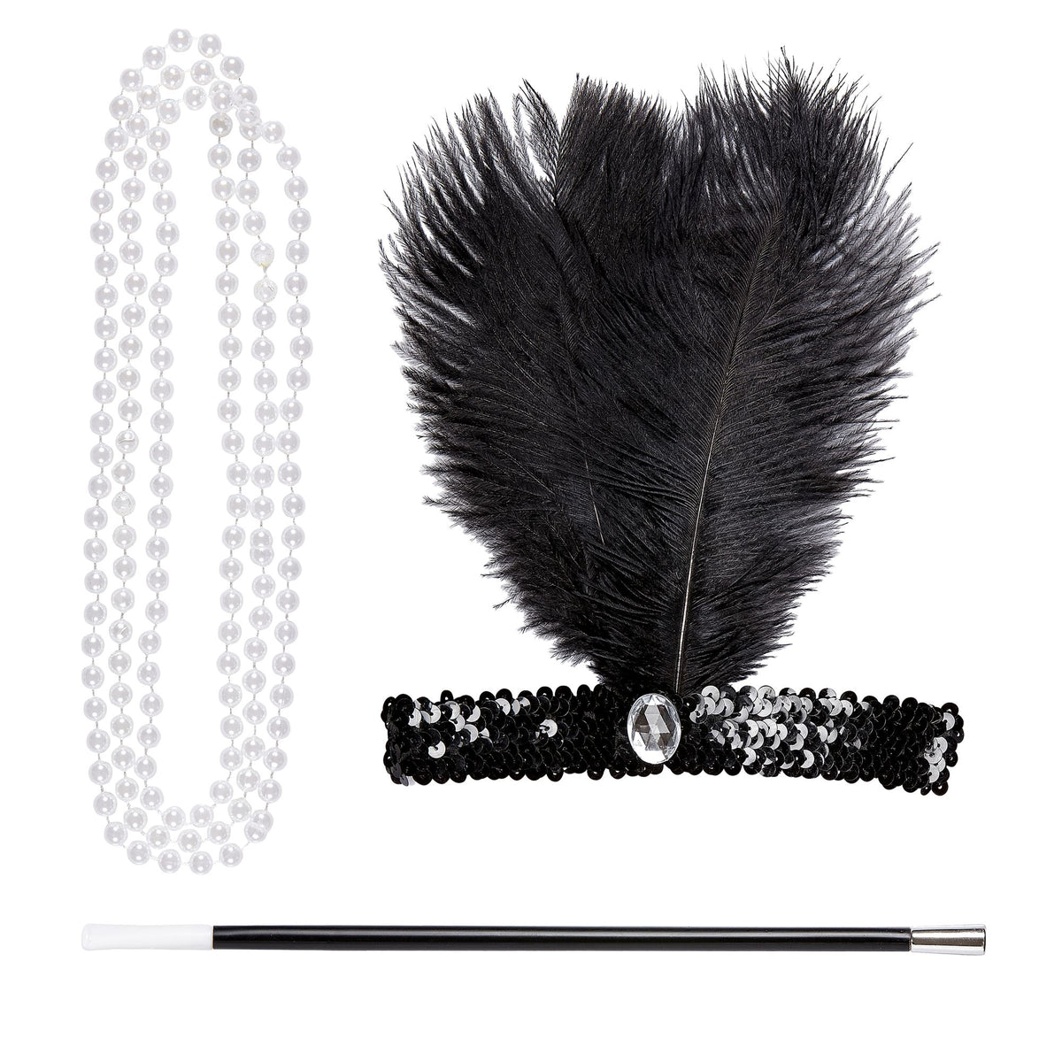 "CHARLESTON SET" (Stirnband aus Pailletten, Perlenkette, Zigarettenhalter)