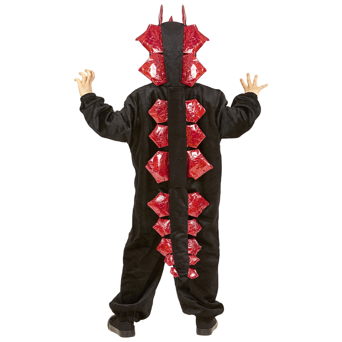 "SCHWARZER DINOSAURIER AUS PLÜSCH" (Overall mit Kapuze)