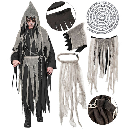 "SENSEMANN IN KETTEN" (Robe mit Kette, Kragen, Kapuze und Gurt aus Gaze)