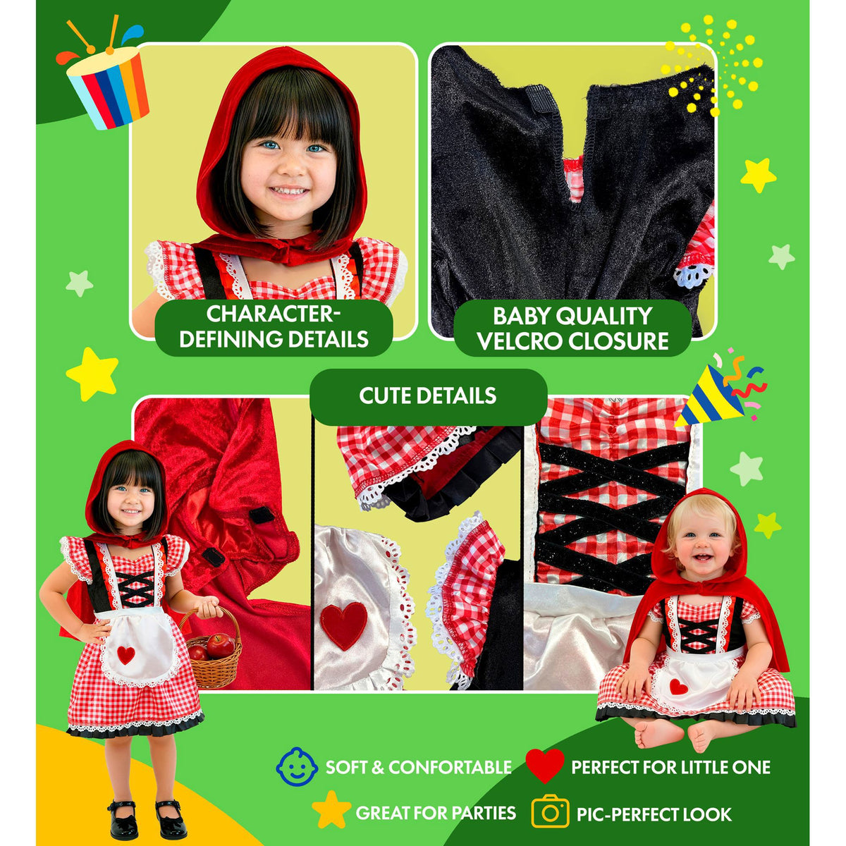 Widmann Rotkäppchen Kostüm für Kinder mit rotem Kleid und Kapuzenumhang – Rückansicht
