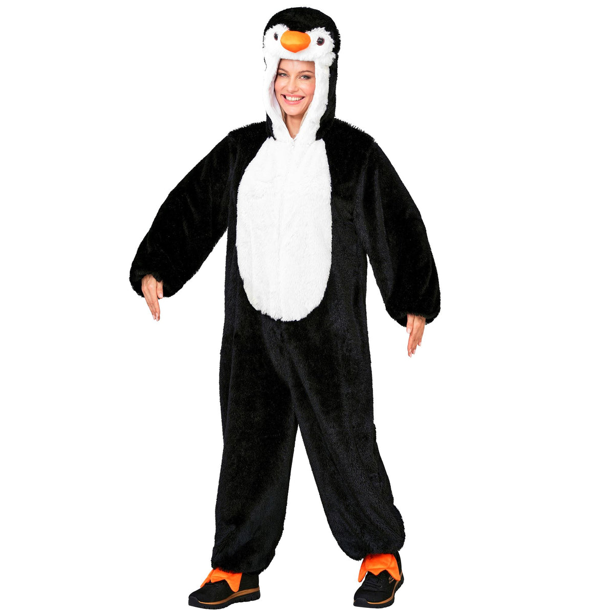 Widmann Pinguin Plüschkostüm mit Kapuze als Overall – Seitenansicht