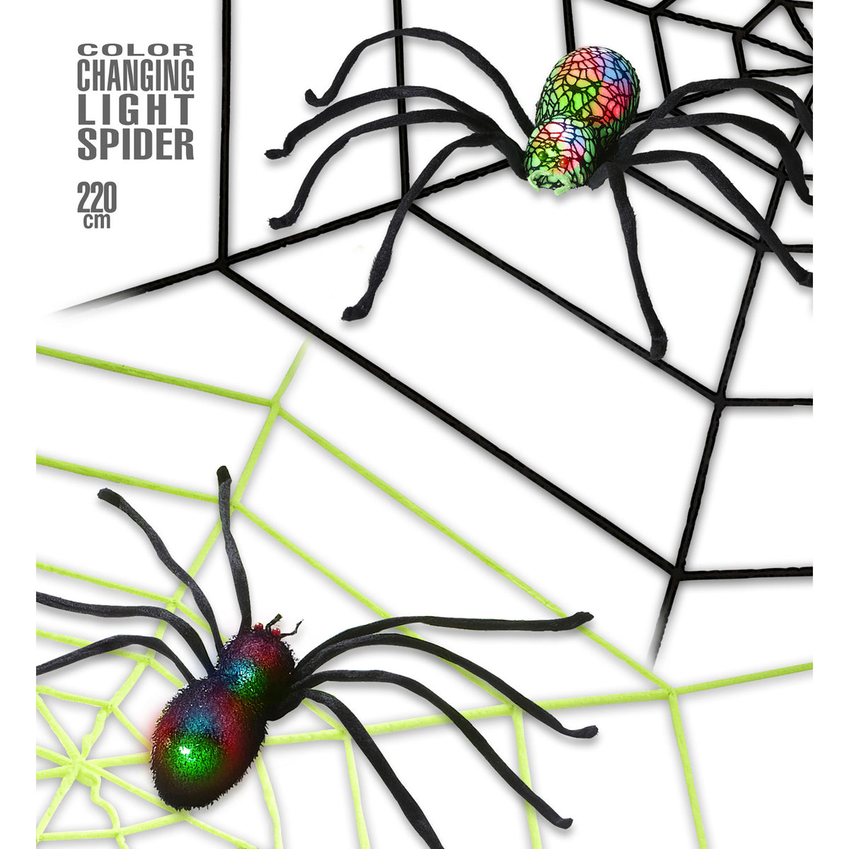 "RIESIGES SPINNENNETZ AUS CHENILLE MIT FARBWECHSELNDER LEUCHTENDER SPINNE" 220 cm sortiert in 2 Farben