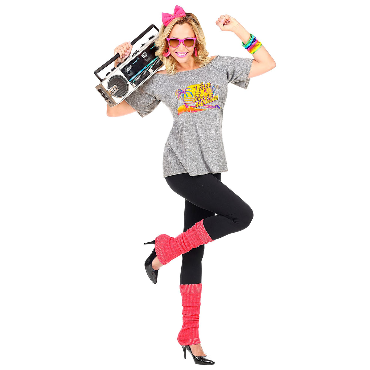 "80s BEACH GIRL" (T-shirt. Haarreif mit Schleife, Stulpen)
