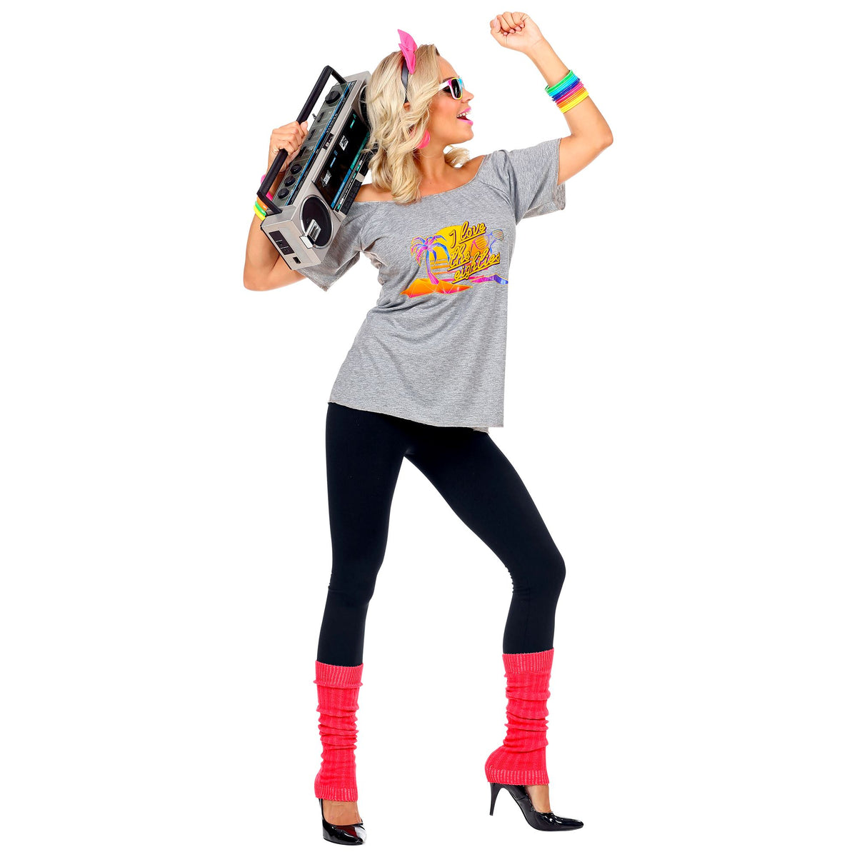 "80s BEACH GIRL" (T-shirt. Haarreif mit Schleife, Stulpen)