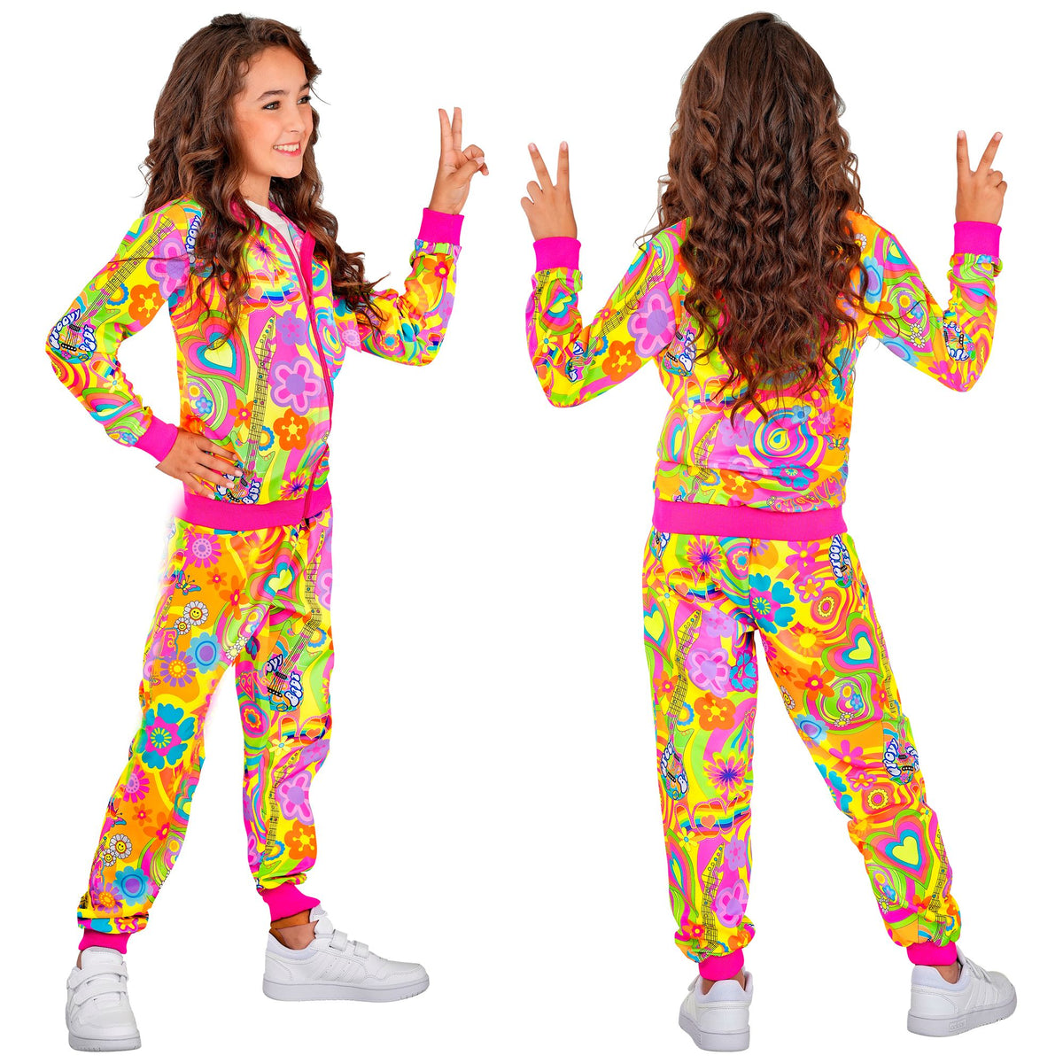 "NEON HIPPIE GROOVY LOVE PARTY FASHION TRAININGSANZUG" (Oberteil, Hose)