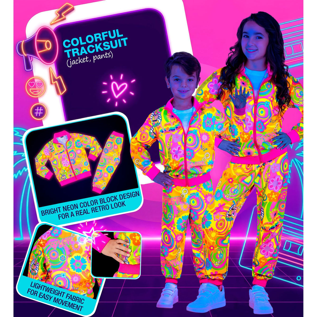 "NEON HIPPIE GROOVY LOVE PARTY FASHION TRAININGSANZUG" (Oberteil, Hose)