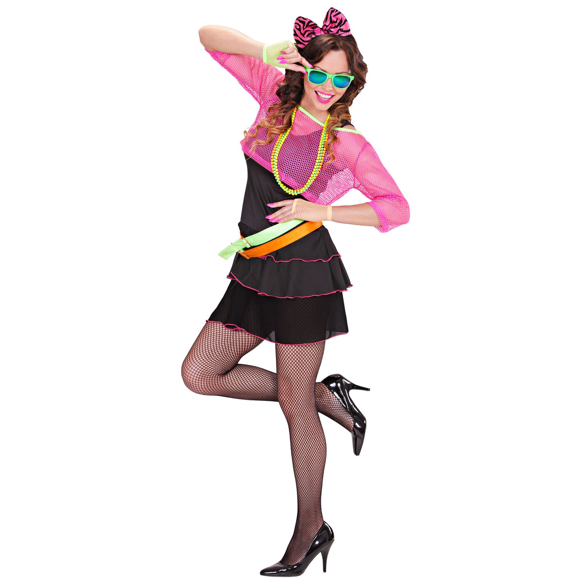 "80er JAHRE GROUPIE GIRL" (Kleid, Netztop, Guertel, Haarreif mit Schleife)