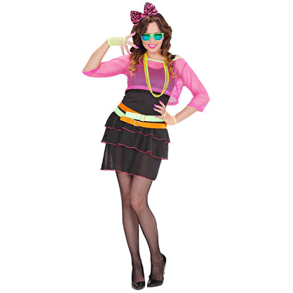 "80er JAHRE GROUPIE GIRL" (Kleid, Netztop, Guertel, Haarreif mit Schleife)