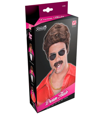 "PERÜCKE UND SCHNURRBART DREAM HAIR PLAYBOY BRAUN" in farbiger Box