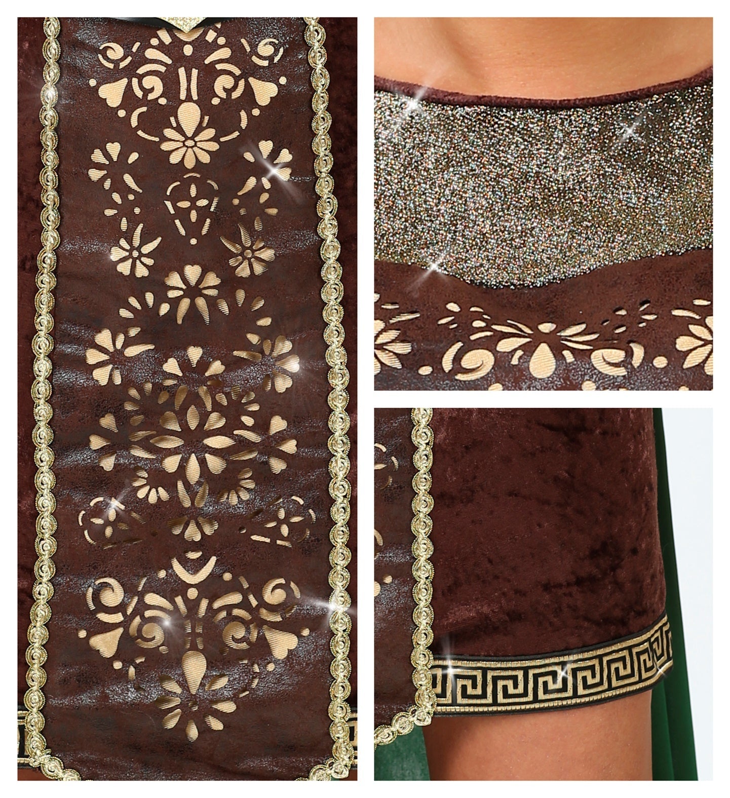 Wikinger Königin Damenkostüm mit braunem Kleid, Umhang und Accessoires.