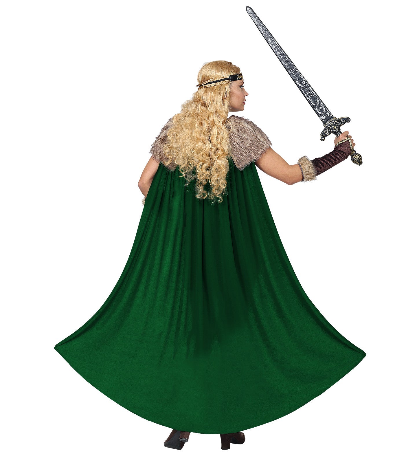 Woman in green Viking queen costume with fur-trimmed dress, cape, cuffs, and sword.