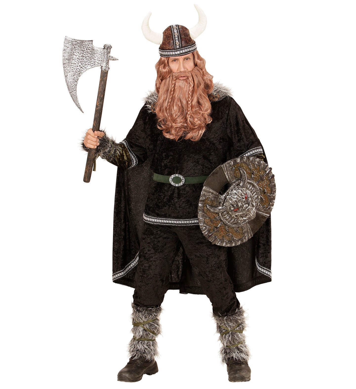 Man in Viking warrior costume with tunic, pants, fur-trimmed helmet, axe, shield, and cloak.