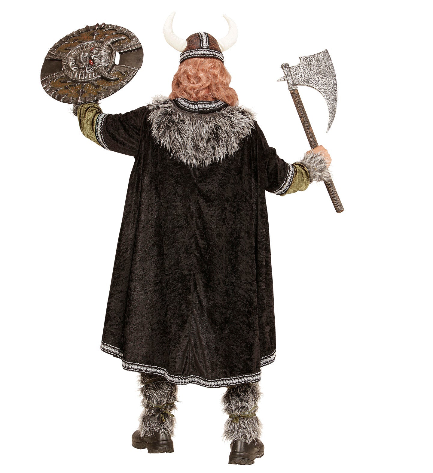 Rear view of a man in a Viking warrior costume holding a shield and axe.