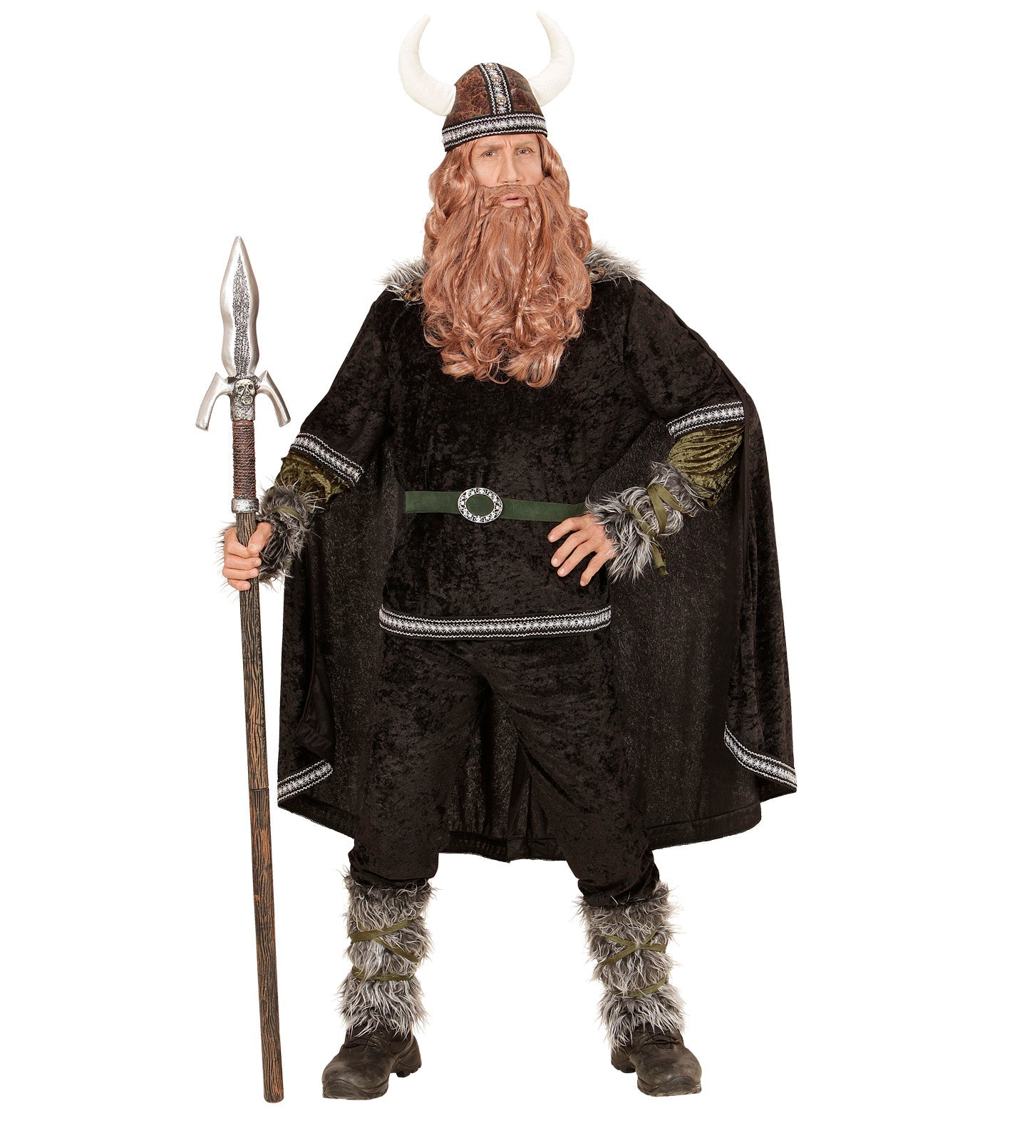Man in brown Viking warrior costume with fur-trimmed helmet, spear, and cloak.