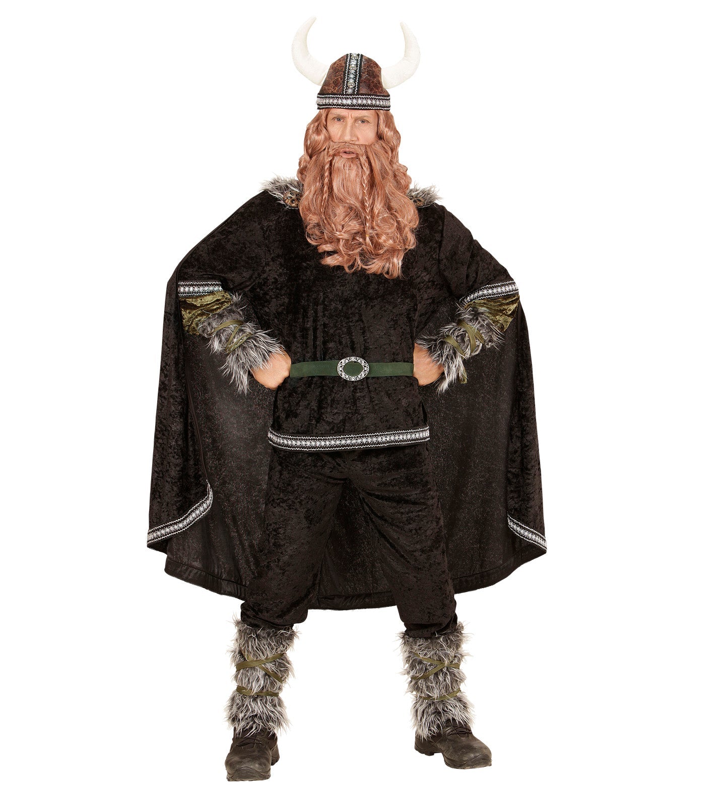Man in Viking warrior costume with fur-trimmed tunic, pants, helmet, cloak, and arm guards.
