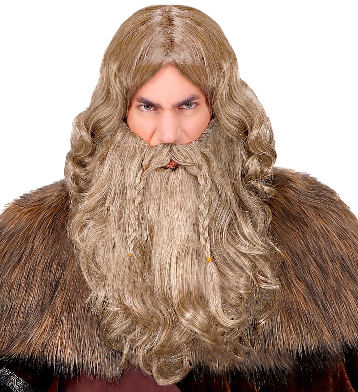 Viking wig with long blonde braided beard on white background.
